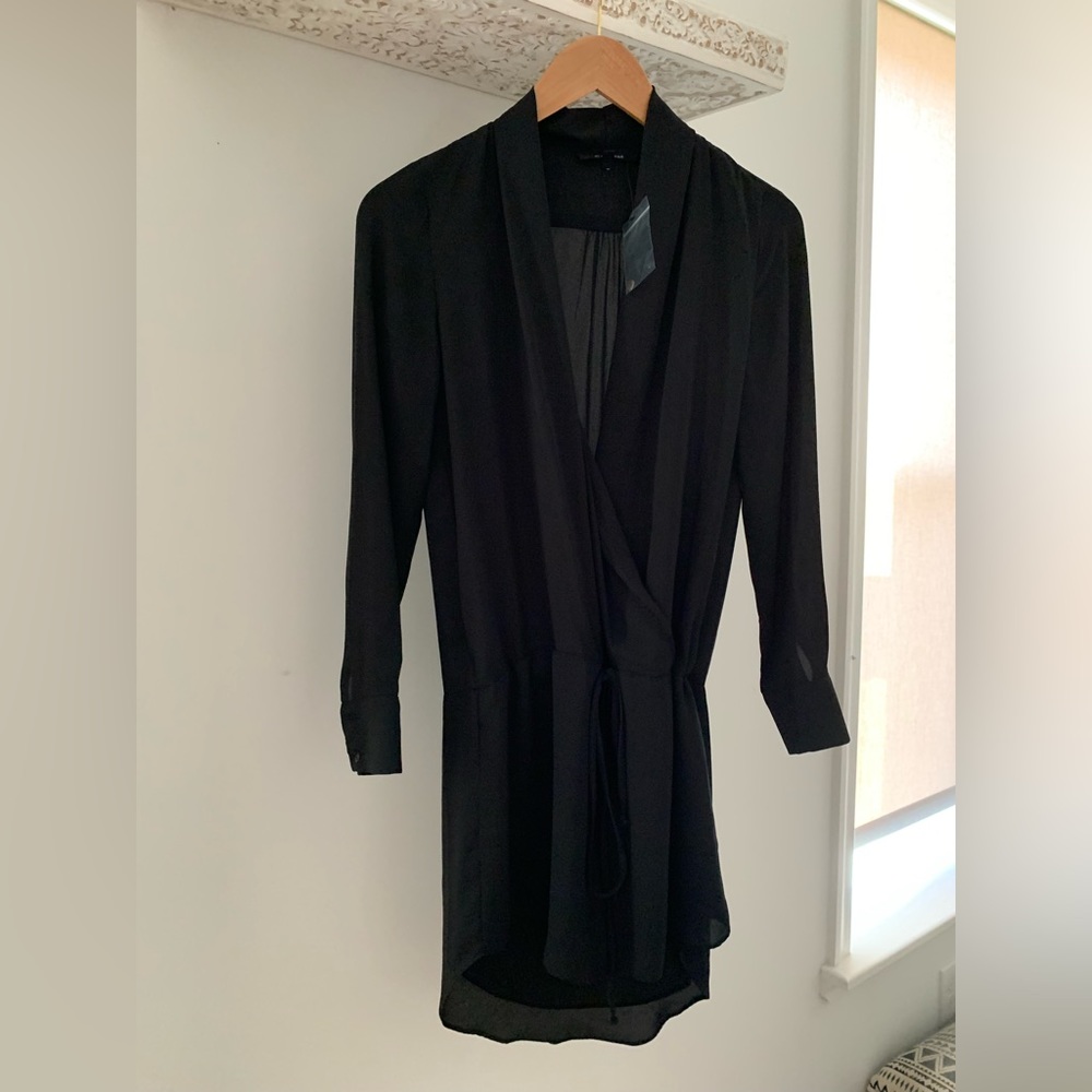 Olivaceous deep V mini shirt dress with adjustable tie.